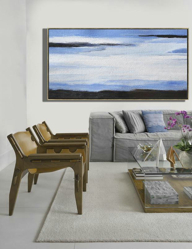 Handmade Extra Large Contemporary Painting,Hand Painted Panoramic Abstract Painting,Modern Canvas Art,White,Blue,Black.etc